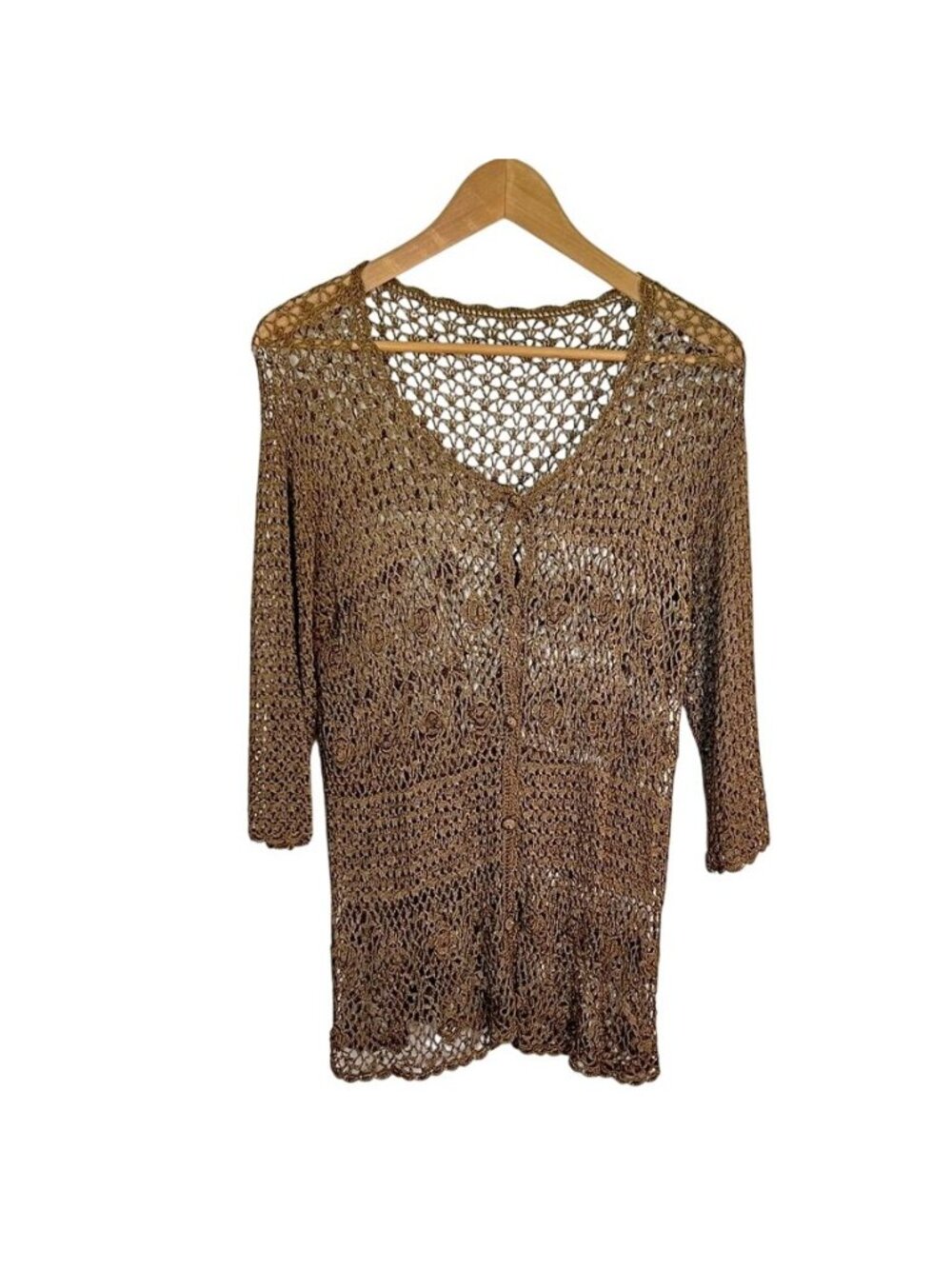 Mocha Brown Crochet Cardigan Floral Open Knit Whimsigoth Boho Button Front - Picture 2 of 14